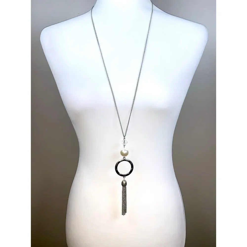 Silver Tone Faux Pearl Glass Bead Textured Hoop Tassel Long Necklace